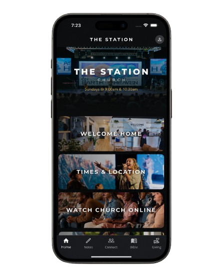 The Station Church app displayed in an iPhone mockup